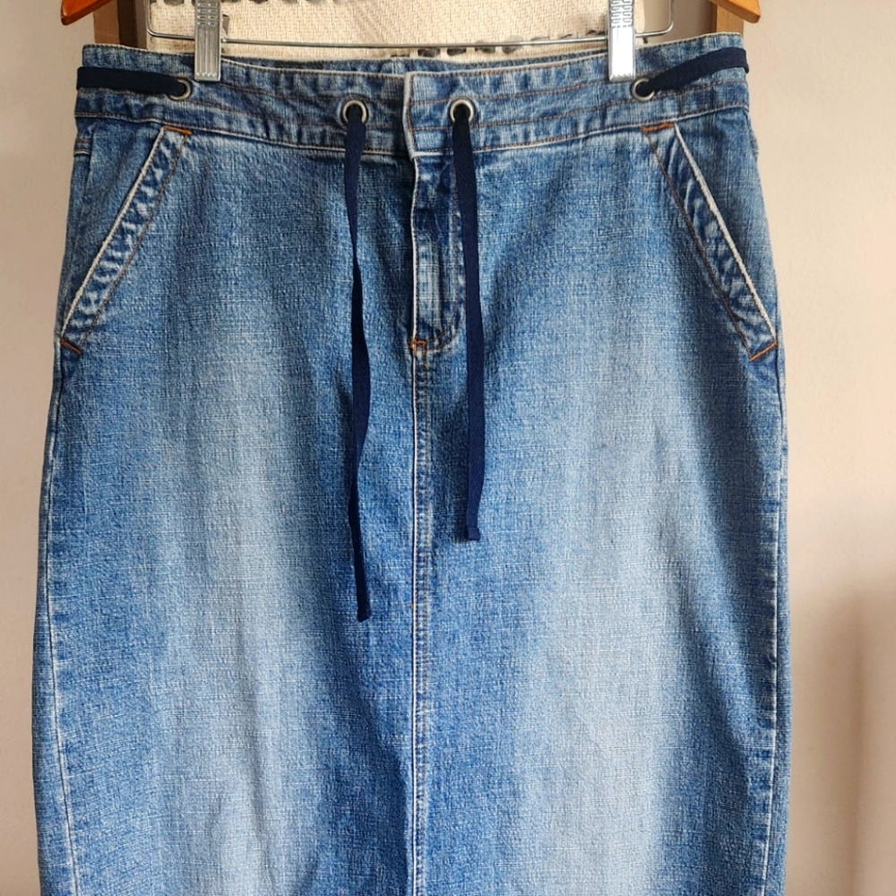 Vintage Old Navy Denim Skirt Womens Size12 Blue Slit Pockets Modest Maxi Low Y2k